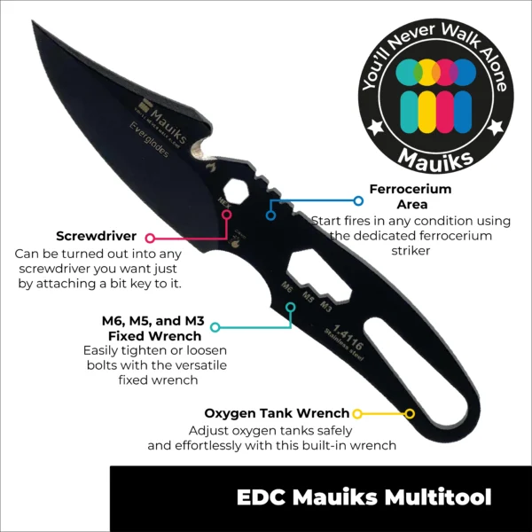 Mauiks Everglades multi-tool knife with cryogenically hardened stainless steel blade.