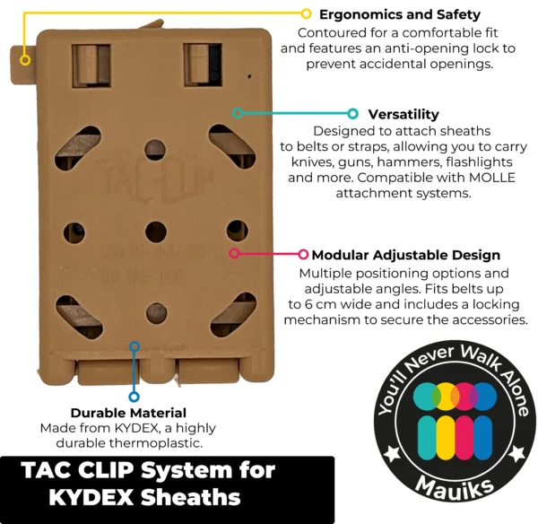 Mauiks tactical clip with Molle system compatibility and modular design.